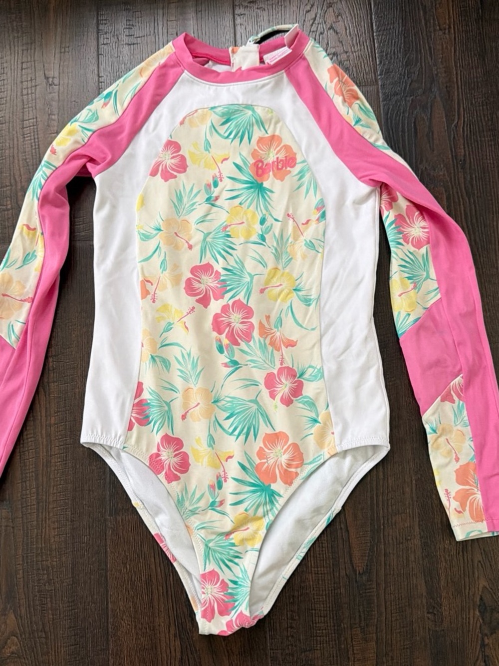 Roxy Girls Pink and White Floral Long-Sleeve One-Piece Rash Guard Swim Suit